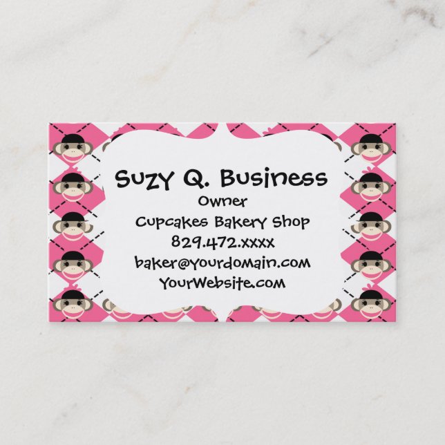 Pink Sock Monkeys on Pink White Argyle Diamond Business Card (Front)