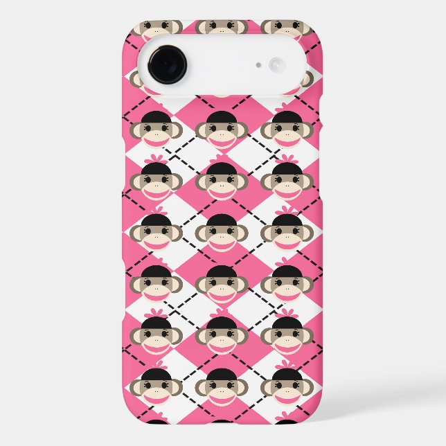 Pink Sock Monkeys on Pink White Argyle Diamond Case-Mate iPhone Case (Back)