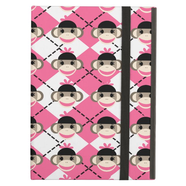 Pink Sock Monkeys on Pink White Argyle Diamond iPad Air Cover (Front Closed)