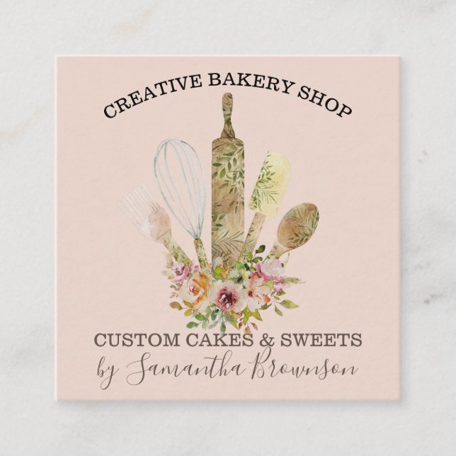 Pink Soft Bakery Pastry Chef Utensils wood whisk Square Business Card (Front)
