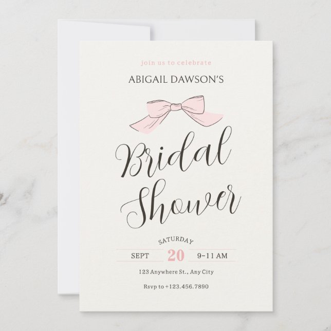Pink soft bow bridal shower invitation (Front)