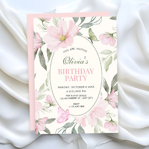 Pink soft floral butterfly birthday invitation