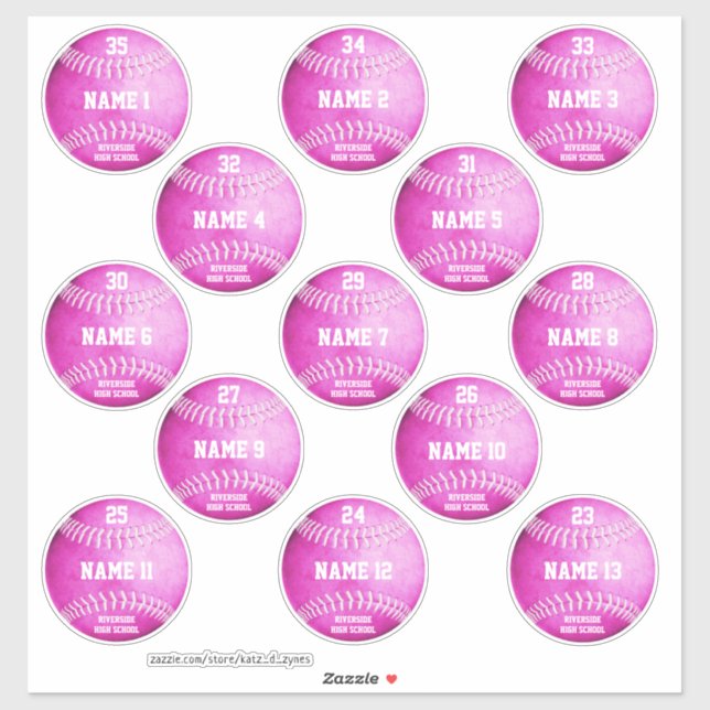 Pink softballs set of 13 custom players' names (Sheet)