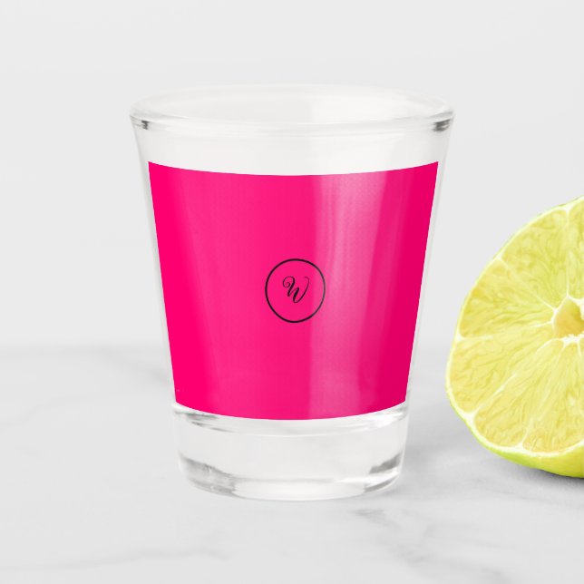 Pink solid colour neon monogram modern trendy  shot glass (Front)
