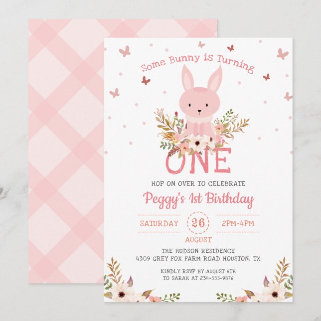Pink Some Bunny Floral Girl 1st Birthday Invitation (Front/Back)