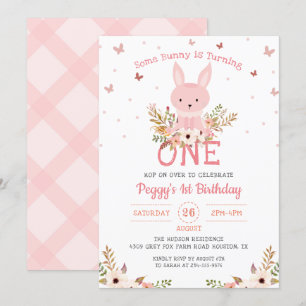 Pink Some Bunny Floral Girl 1st Birthday Invitation