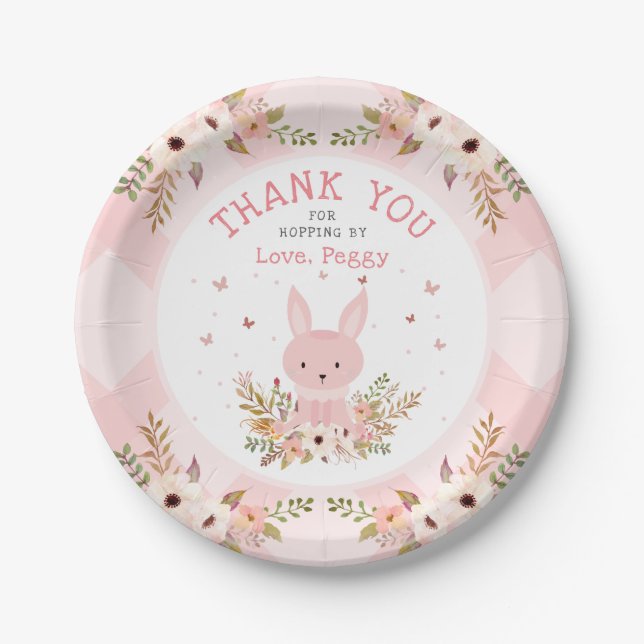 Pink Some Bunny Floral Girl Birthday Paper Plate (Front)