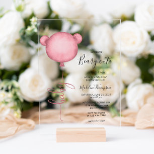 Pink Someone Beary Cute Balloon Baby Shower Acrylic Invitations