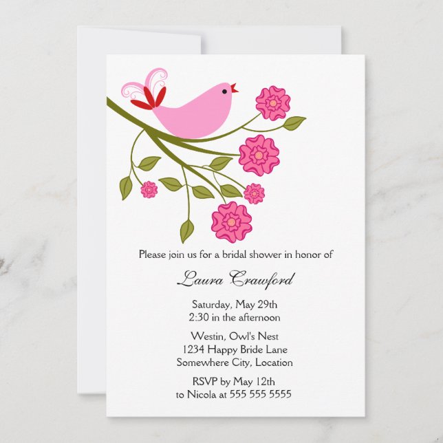 Pink Songbird Bridal Shower Invitation (Front)