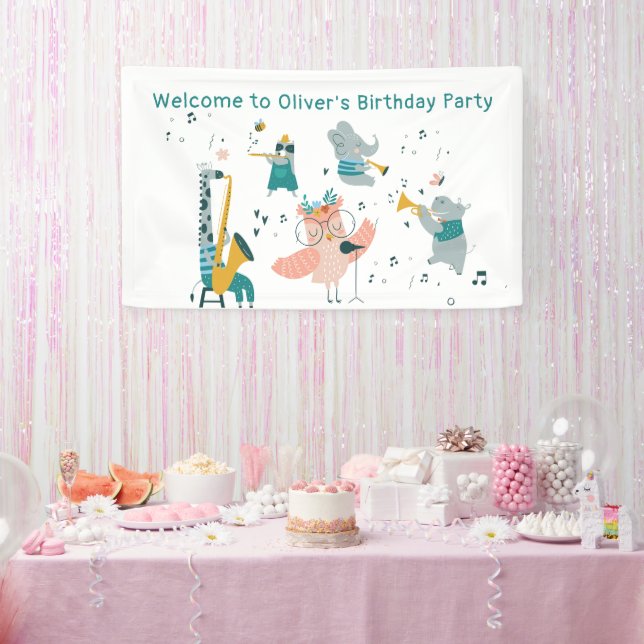 Pink Songbird with Animal Band Birthday Banner (Party)
