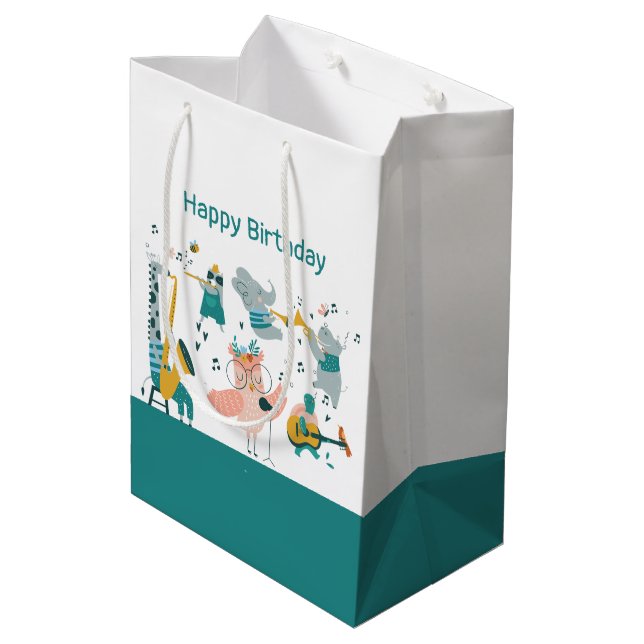 Pink Songbird with Animal Band Birthday Medium Gift Bag (Back Angled)
