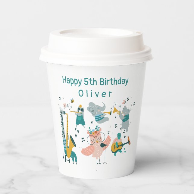Pink Songbird with Animal Band Birthday Paper Cups (Front)
