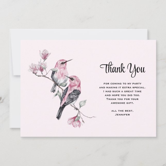 Pink Songbirds on a Tree Branch Thank You Card (Front)