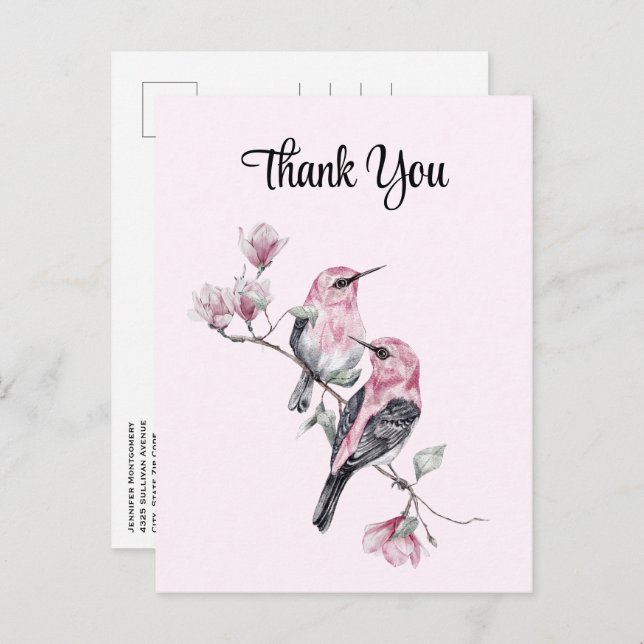 Pink Songbirds on a Tree Branch Thank You Postcard (Front/Back)