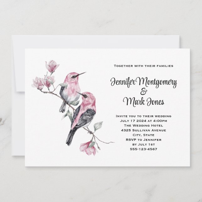 Pink Songbirds on a Tree Branch Wedding Invitation (Front)