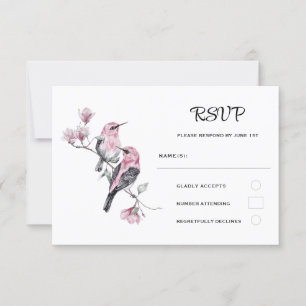 Pink Songbirds on a Tree Branch Wedding RSVP Card