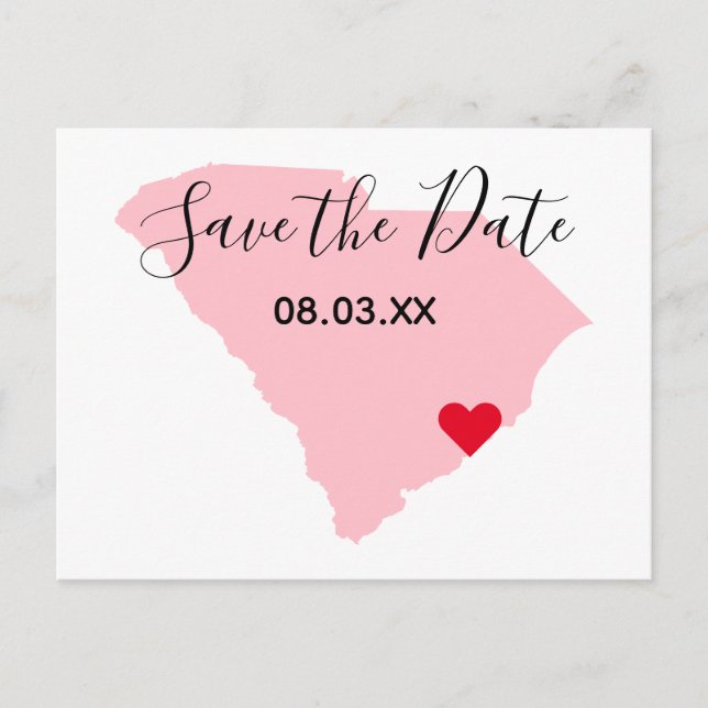 Pink South Carolina Red Heart Save the Date Announcement Postcard (Front)