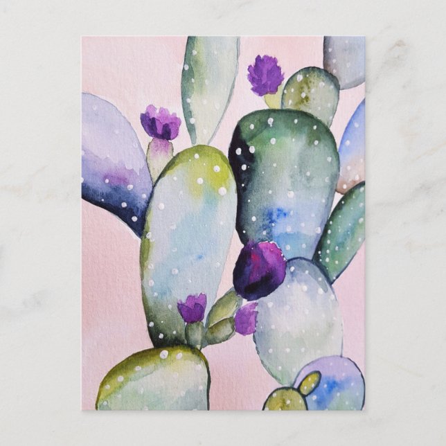 Pink Southwest Cactus Purple Flower Watercolor Art Postcard (Front)