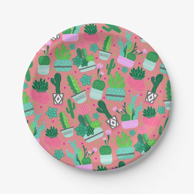 Pink Southwestern Cactus Pattern Sweet 16 Party Paper Plate (Front)