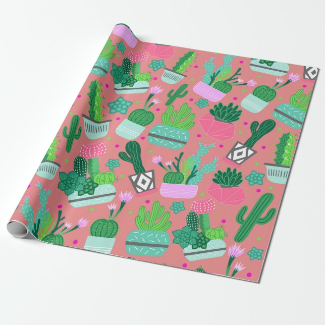 Pink Southwestern Cactus Pattern Sweet 16 Party Wrapping Paper (Unrolled)