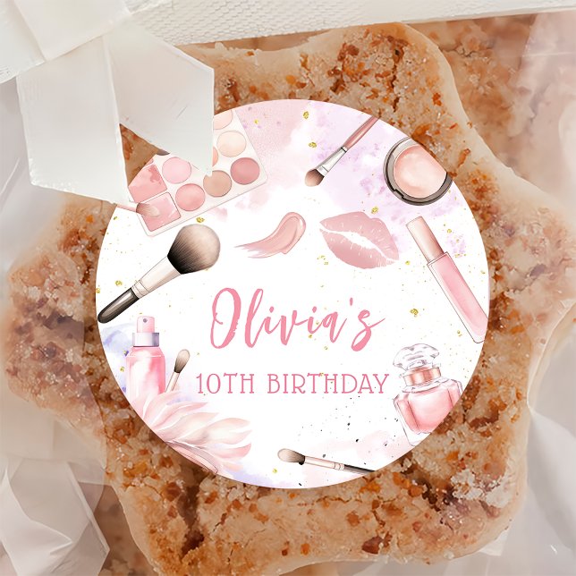 Pink Spa Party Glam Girl Makeup Birthday Party Classic Round Sticker (Creator Uploaded)