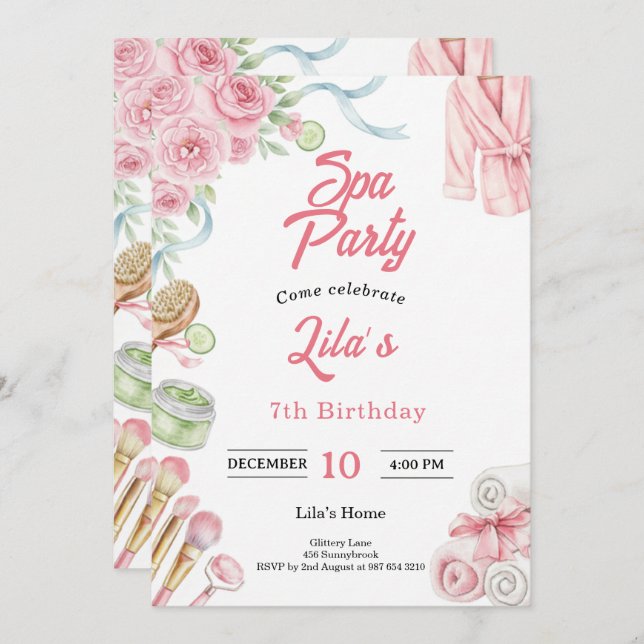 Pink Spa Party Invitation for Girl's 7th Birthday (Front/Back)