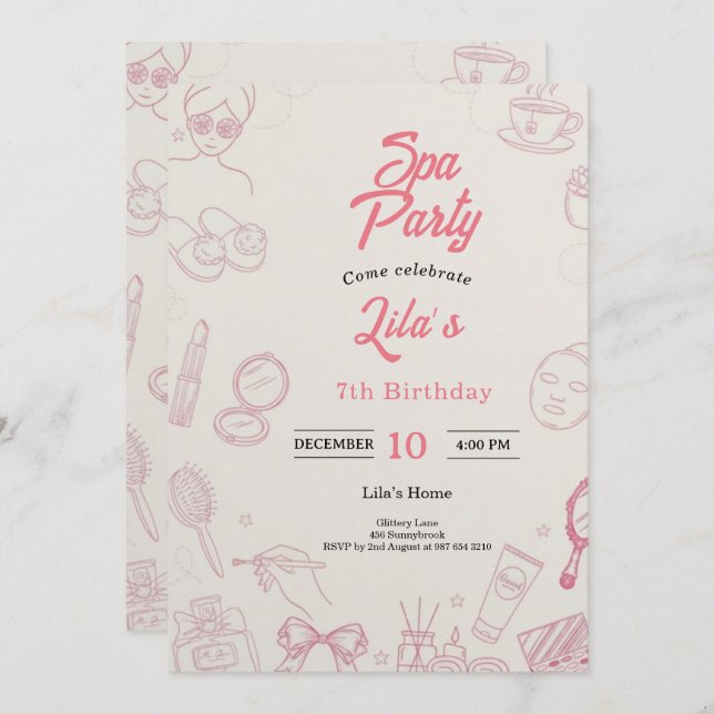 Pink Spa Party Invitation for Girl's 7th Birthday (Front/Back)