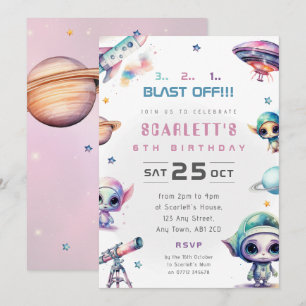 Pink Space Alien Theme Birthday Party Invitation