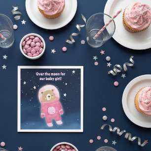 Pink Space Bear Over the Moon Blue Starry sky Napkin
