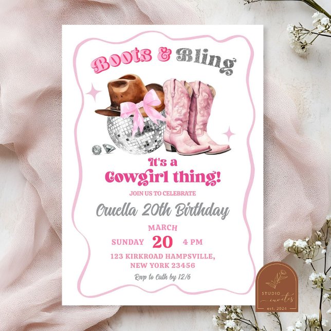 Pink Space Cowgirl Boots and Bling Birthday Invitation (Creator Uploaded)