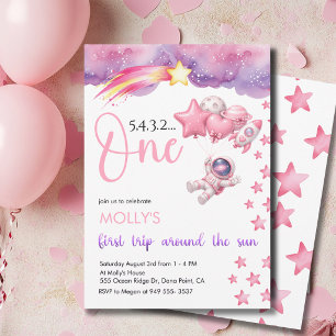 Pink Space First Trip Around the Sun Birthday Invitation