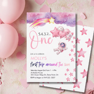 Pink Space First Trip Around the Sun Birthday Invitation