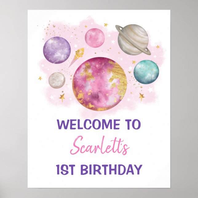 Pink Space Galaxy Planets Girl Birthday Welcome Poster (Front)