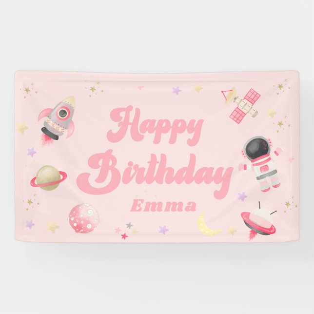 Pink Space Happy Birthday  Banner (Horizontal)