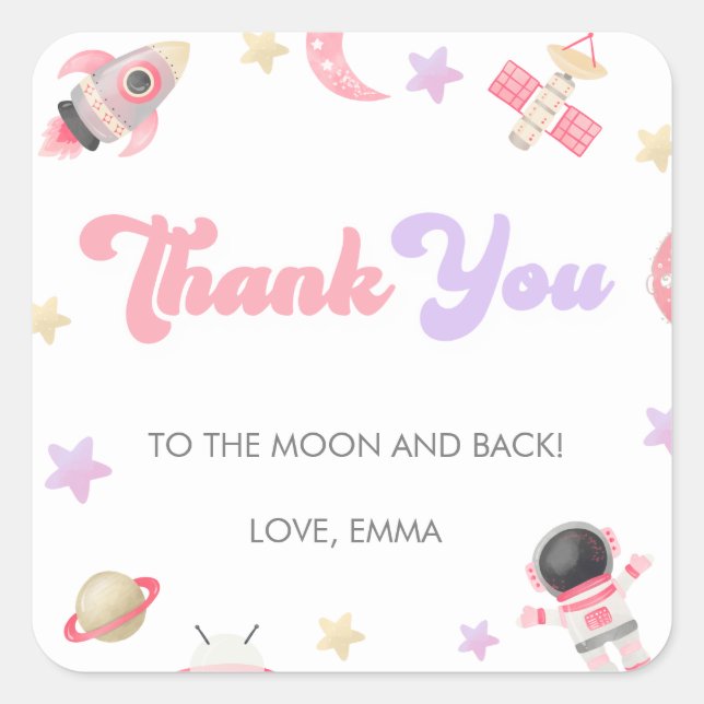 Pink Space Moon and Stars Birthday Thank You Squar Square Sticker (Front)