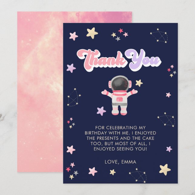 Pink Space Stars Astronaut Birthday Thank You Card (Front/Back)