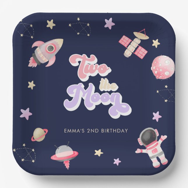 Pink Space Two the Moon Birthday   Paper Plate (Front)