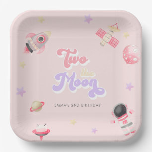 Pink Space Two the Moon Birthday  Paper Plate