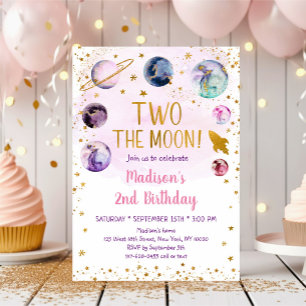 Pink Space Two The Moon Second Birthday Invitation