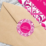 Pink Spanish talavera wedding monogram printed Classic Round Sticker<br><div class="desc">Hot Pink magenta Spanish Mexican Talavera tiles elegant  wedding  monogram printed stickers template ,  vibrant bold colours modern Mexican Spanish Hacienda style wedding vibrant colour stickers for envelopes or favours with bride and groom names</div>