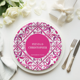 Pink Spanish talavera wedding monogram printed Paper Plate
