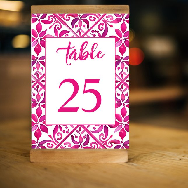 Pink Spanish vintage Mexican talavera wedding Table Number (Fuchsia Pink magenta Spanish vintage Mexican talavera tiles wedding Table Numbertable decor)