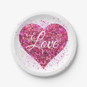 Pink sparking glitter heart love paper plate