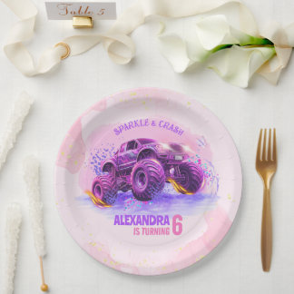 Pink Sparkle and Crash Monster Truck Girl Birthday Paper Plate