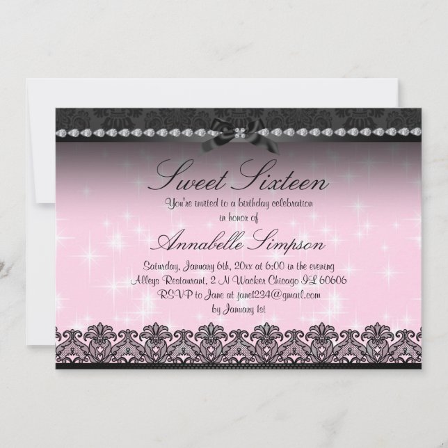 Pink Sparkle & Black Lace Sweet Sixteen Invite (Front)