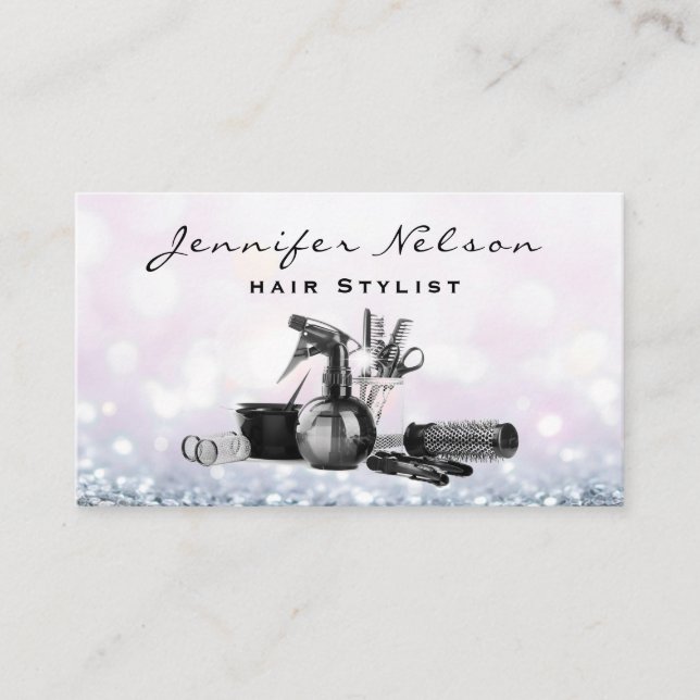 Pink Sparkle Bokeh Hair stylist Salon Tools Beauty Business Card (Front)