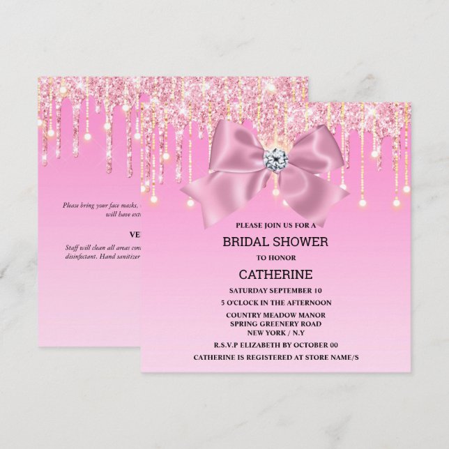 Pink sparkle bow diamond shimmer lights elegant invitation (Front/Back)