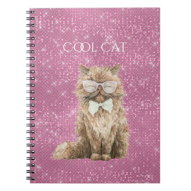 Pink Sparkle Brown Cool Cat Glasses   Notebook (Front)