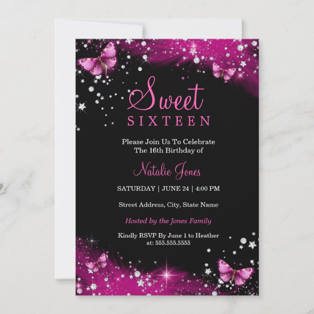 Pink Sparkle Butterfly Diamond Sweet 16 Invite (Front)