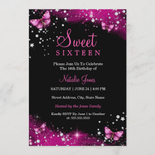 Pink Sparkle Butterfly Diamond Sweet 16 Invite